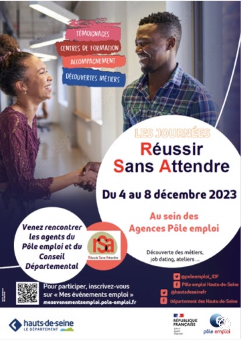 Monique Guedes (@guedes_monique_) on Twitter photo #AGENDA
Vous êtes bénéficiaire du #RSA ?
Cinq journées vous sont dédiées « Réussir sans attendre » en collaboration avec le <a href="/hautsdeseinefr/">Département des Hauts-de-Seine</a> :
📅 Du 4 au 8 décembre 2023
🕘 De 9h00 à 17h00
📍 Votre agence de proximité
👉 Contactez sans tarder votre conseiller
#AvecPoleEmploi #AGENDA
Vous êtes bénéficiaire du #RSA ?
Cinq journées vous sont dédiées « Réussir sans attendre » en collaboration avec le <a href="/hautsdeseinefr/">Département des Hauts-de-Seine</a> :
📅 Du 4 au 8 décembre 2023
🕘 De 9h00 à 17h00
📍 Votre agence de proximité
👉 Contactez sans tarder votre conseiller
#AvecPoleEmploi