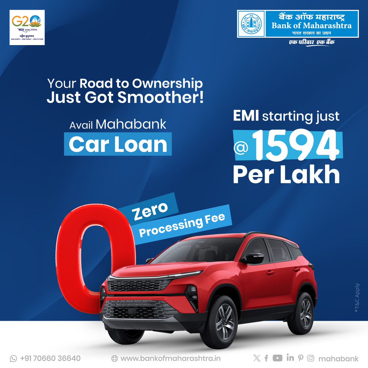 mahabank's tweet photo. Create cherished memories in your #DreamCar with loved ones! Drive home happiness with #Mahabank #CarLoan and enjoy zero processing charges and lower EMIs. Apply now!
Click to know more https://t.co/AQZMQOUPaf
#CarFinance #AutoFinance #ZeroProcessingFee #EMIAdvantage #LowerEMI https://t.co/u0lO2TM34A