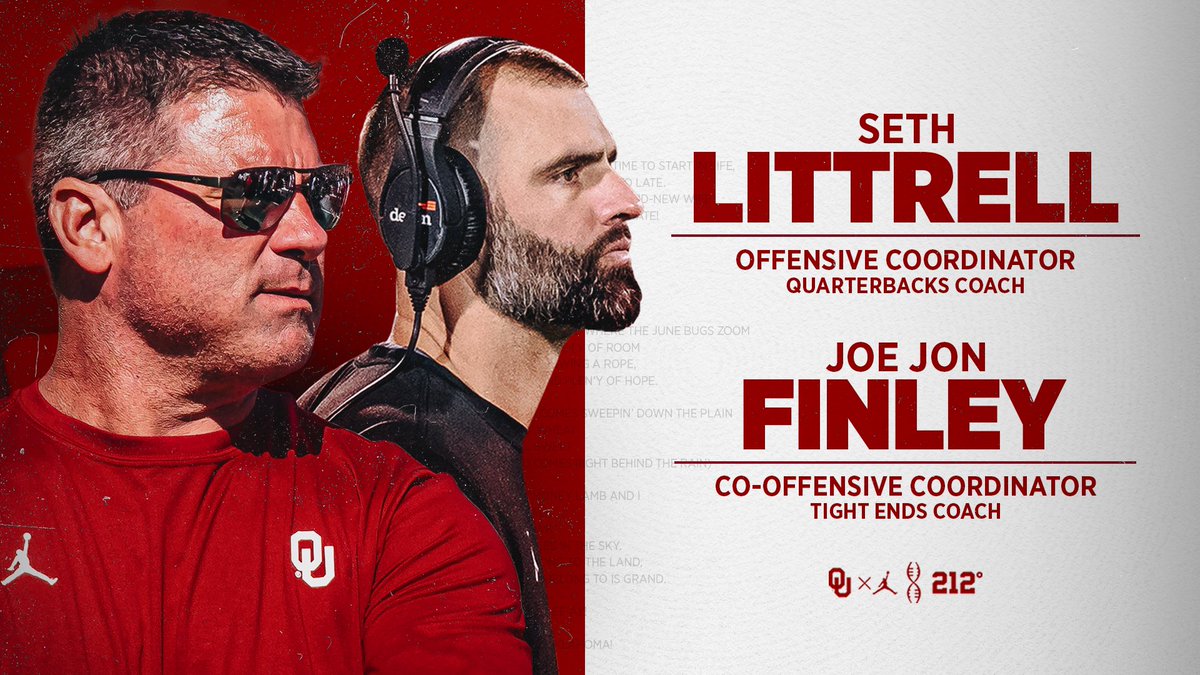 OU is thrilled to announce the following changes to our coaching staff: 

▪️Seth Littrell, Offensive Coordinator/Quarterbacks Coach 

▪️Joe Jon Finley, Co-Offensive Coordinator/Tight Ends Coach 

bit.ly/3GiwmRj | #OUDNA