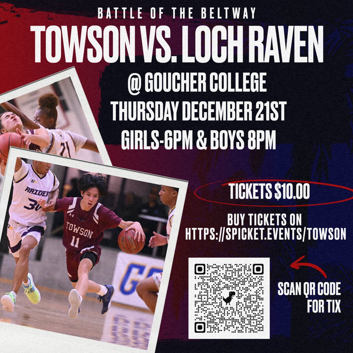 Towson HS Athletics (@towsonhssports) on Twitter photo Don't want to miss this one! $10.00 ticket gets you into both games. Perfect way to head into the Holiday break. Head on over to Goucher for the Battle of the Beltway on December 21st. <a href="/TowsonBoosters/">THSSportsBoosters</a> <a href="/LRRaiders/">Loch Raven Athletics</a> <a href="/kculbertson2/">Kim Culbertson</a> <a href="/johnbowersphoto/">John Bowers</a> Don't want to miss this one! $10.00 ticket gets you into both games. Perfect way to head into the Holiday break. Head on over to Goucher for the Battle of the Beltway on December 21st. <a href="/TowsonBoosters/">THSSportsBoosters</a> <a href="/LRRaiders/">Loch Raven Athletics</a> <a href="/kculbertson2/">Kim Culbertson</a> <a href="/johnbowersphoto/">John Bowers</a>