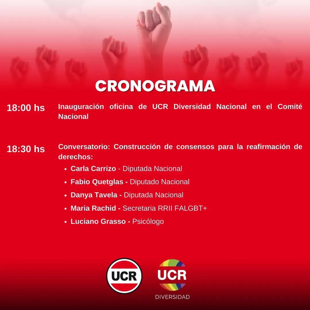 Te invitamos a ser parte de la capacitación:
"DDHH y Perspectiva de Diversidad y Género" (virtual/presencial) y a la inauguración de la oficina de <a href="/UCRDN/">UCR Diversidad Nacional</a> en el comité nacional.

🗓️ 4 de diciembre
⌚️17H.
📍Alsina 1786

Inscripción capacitación 🔗 docs.google.com/forms/d/e/1FAI…

🇵🇱