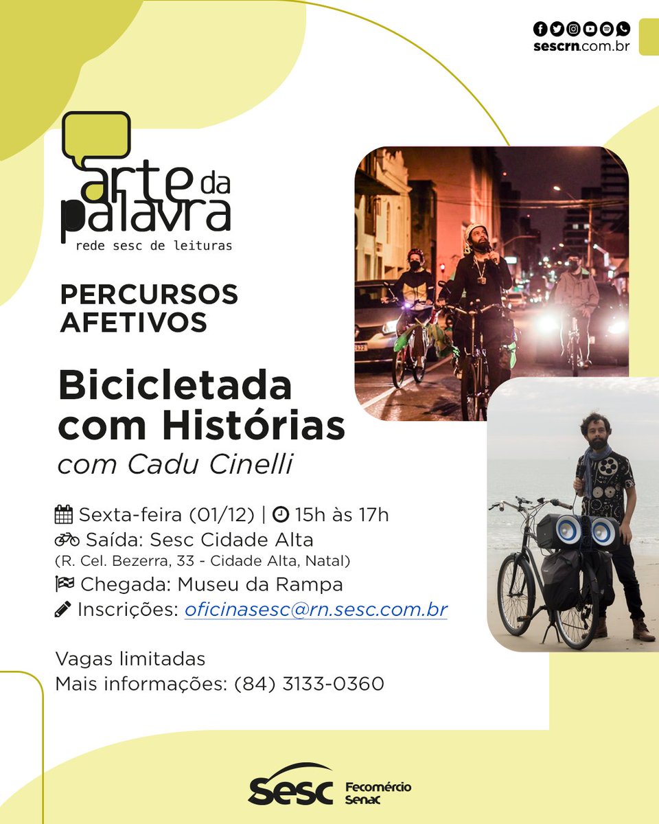 sesc_rn's tweet photo. Tem algum biker aí? 🚴‍♀️

Sexta-feira (01/12) vai rolar uma bicicletada histórica com Cadu Cinelli do Percursos Afetivos. A programação é gratuita e faz parte do projeto Arte da Palavra.

👇 https://t.co/vZEzGZ2why