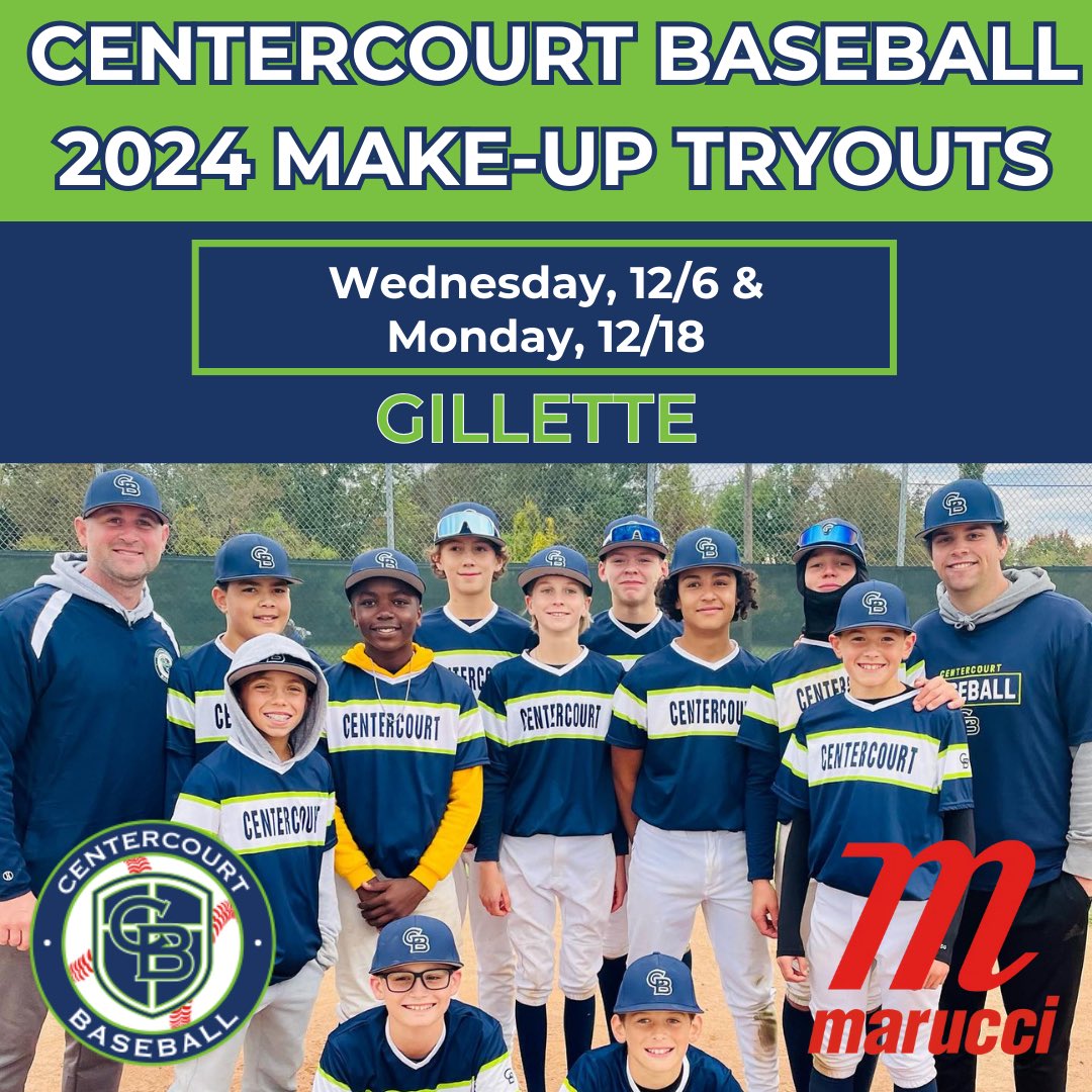 Make-up tryouts for Centercourt Baseball North just added‼️ 

December 6th &amp; 18th at Centercourt Gillette! Register at the link below. 

centercourtacademy.com/programs/winte…