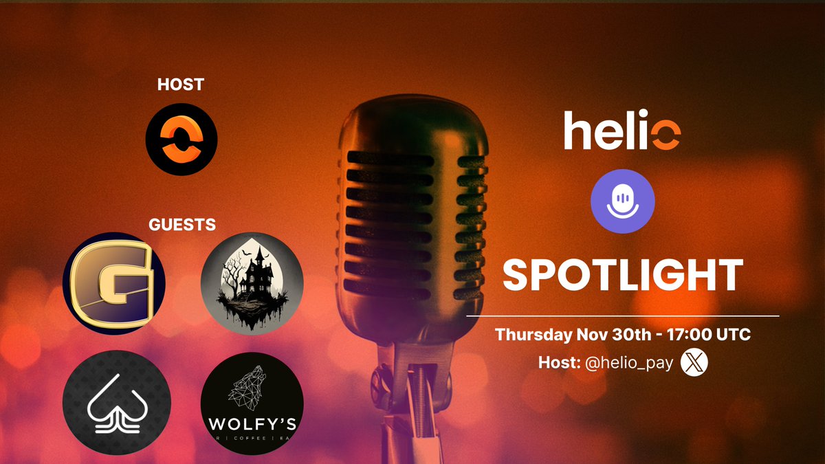 Helio (@helio_pay) on Twitter photo 🔦 Helio Spotlight: Thursday, 30th of Nov, 17:00 UTC
➡️ x.com/i/spaces/1BRJj…
Join our spaces with some cool guests...
AND giveaways! 🎁
<a href="/GaiminIo/">GAIMIN</a>
<a href="/WolfysBar/">🐺Wolfys Bar</a> & <a href="/yuliaaeth/">Lia</a>
<a href="/The_Poker_pro/">The Poker Pro</a>
<a href="/Transolvania_/">Transolvania</a>
See y'all there!
#spaces #web3 #NFT #Bitcoin #Solana #Ethereum 🔦 Helio Spotlight: Thursday, 30th of Nov, 17:00 UTC
➡️ x.com/i/spaces/1BRJj…
Join our spaces with some cool guests...
AND giveaways! 🎁
<a href="/GaiminIo/">GAIMIN</a>
<a href="/WolfysBar/">🐺Wolfys Bar</a> & <a href="/yuliaaeth/">Lia</a>
<a href="/The_Poker_pro/">The Poker Pro</a>
<a href="/Transolvania_/">Transolvania</a>
See y'all there!
#spaces #web3 #NFT #Bitcoin #Solana #Ethereum