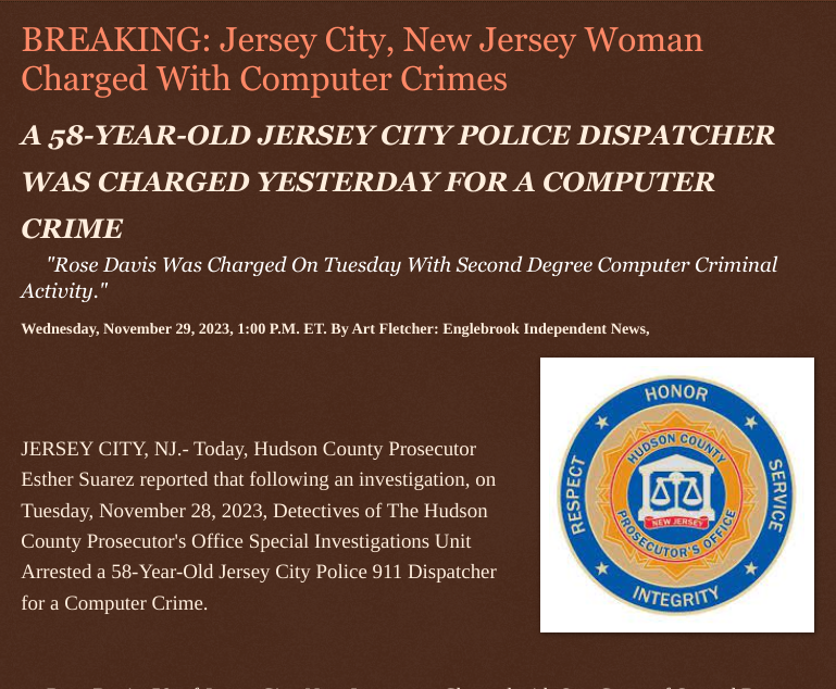 ArtFletcher9's tweet photo. Wednesday, November 29, 2023
#BREAKING: #JerseyCitynj #Woman #Charged With #ComputerCrimes 58-YEAR-OLD #JERSEYCITY #POLICEDISPATCHER WAS #CHARGED #YESTERDAY FOR A #COMPUTERCRIME #hudsoncountynj #englebrooktruth @wireless_step @HRG_Media @CitizenFreePres @hudpost @hudsontvdotcom @Breaking911 @Breaking24_7 @ECOAlphaTango @MichelleF_35 @gator4kb18 @Heather46389844 @debbie84620046 @SugarMAGA @CandaceCan88 @Y6s8D8vmnCo394k @jebreel1990 @NCShangriLa @Daytobehappy @MagaisLife @DanDouglas2023 @mericanaf7 @PoliceOfficers @LegionD11 @ksMaga87