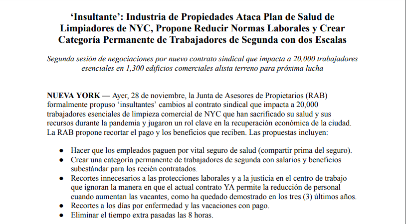 32BJSEIU's tweet photo. Últimas Noticias: Industria de Propiedades Ataca Plan de Salud de Limpiadores de NYC, Propone Reducir Normas Laborales y Crear Categoría Permanente de Trabajadores de Segunda con dos Escalas

Segunda sesión de negociaciones por nuevo contrato sindical que impacta a 20,000 trabajadores esenciales en 1,300 edificios comerciales alista terreno para próxima lucha. #BuildingJusticia 
Lea el comunicado de prensa completo en: https://t.co/fRll5DAv8Y