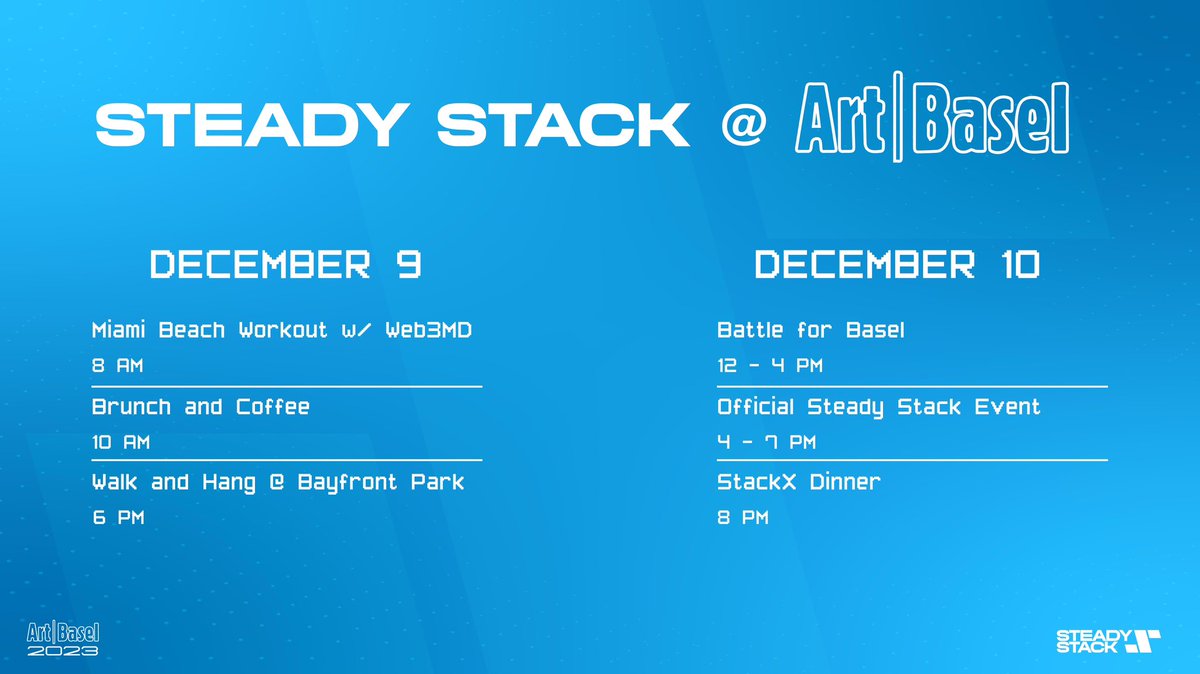 Steady Stack @ Art Basel is officially right around the corner. 

In preparation, we’re giving away 1 Legend NFT worth .13 eth👀 LIKE + RT

Stackers, check this thread for more info👇🏼