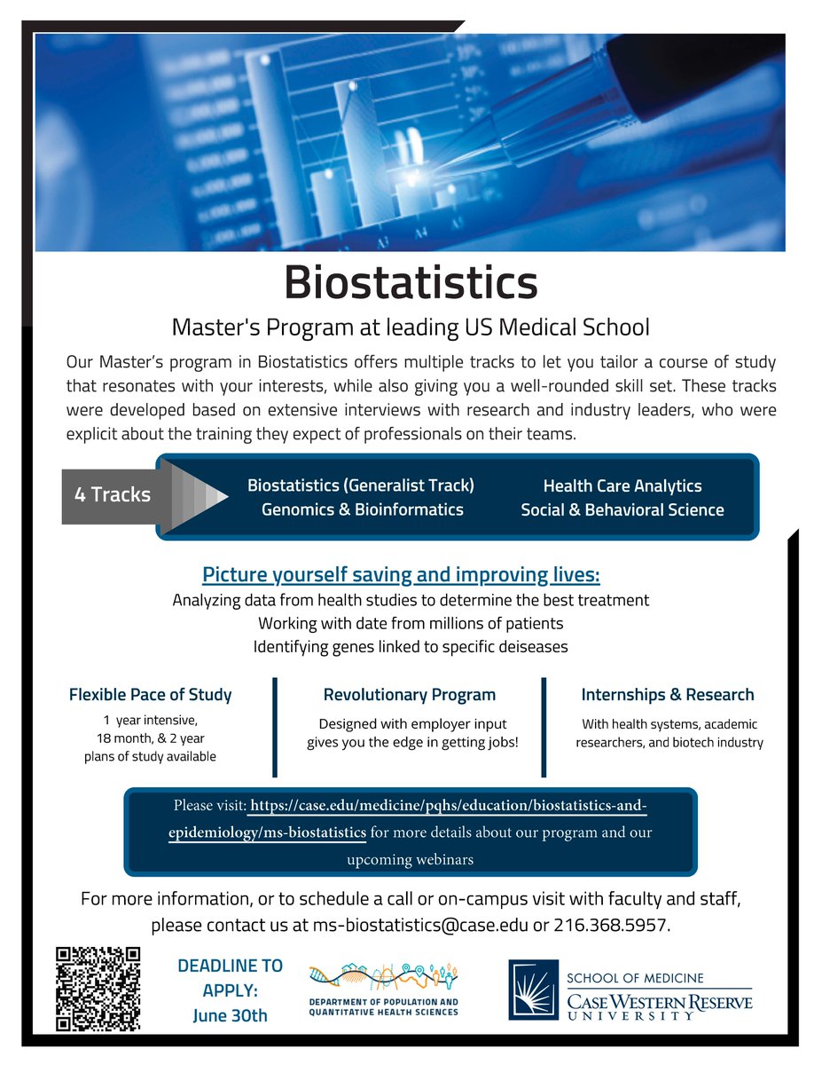 Welcome to apply to our Biostatistics program with one-year and two-year options! The admission process for 2023-2024 is currently open. Explore numerous local employment opportunities (CWRU, CCF, MetroHealth, etc)!