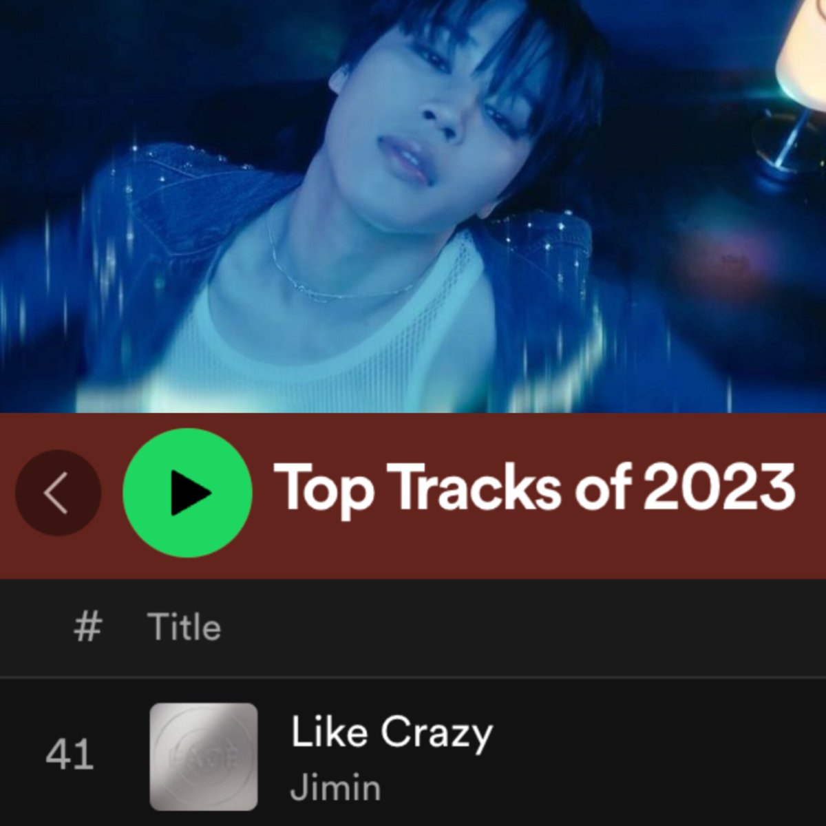 Jimin 'Like Crazy' Spotify Wrapped 'Top Tracks of 2023' listesinde 41.sırada yer aldı!! CONGRATULATIONS JIMIN💜 🔗open.spotify.com/playlist/37i9d…