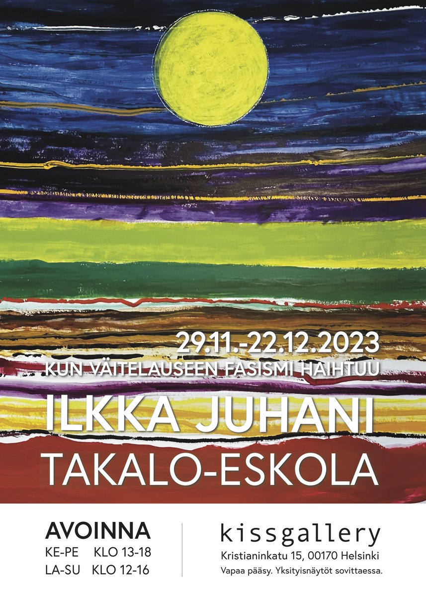 Tänään Kissgalleryssä Ilkka Juhani taidenäyttelyn avajaiset kello 17-19, tervetuloa, taidetta kuohuvaa ja naposteltavaa. Kristianinkatu 15, Kruunuhaka, Ruiskumestarin taloa vastapäätä.