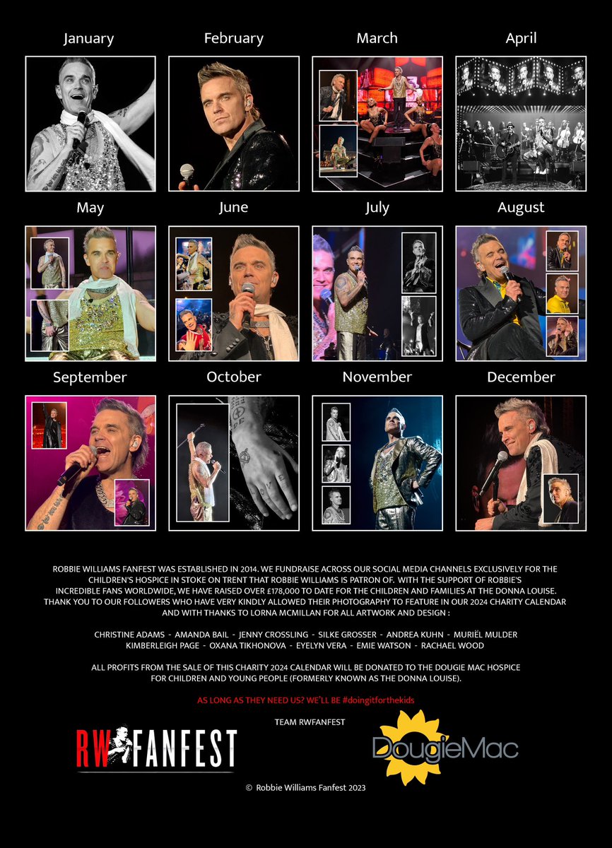 rwfanfest's tweet photo. Our 2024 fundraising calendar for @DougieMacStoke is on sale NOW! Packed with 30 stunning fan photos of @robbiewilliams from the #XXVtour you can buy yours here: https://t.co/8HVD2PcD1i
Every penny profit will be donated to the children for Christmas ❤️🎄 https://t.co/XGX6bn29sL