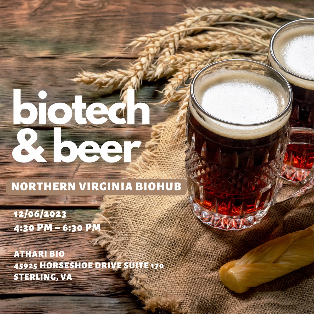 This month's Biotech & Beer, hosted by The NOVA BioHub, takes place at Athari Bio+Sciences. Bio community pros, take advantage of this fantastic networking opportunity!
👉 ow.ly/nGb250Qcsqf

#VABioConnect @GeorgeMasonU @LoudounBiz  @GOVirginia @AcademiesofSci @Girlstart