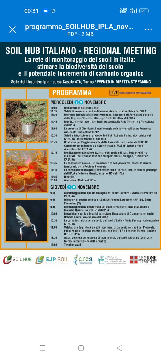 #SOILHUB➡️al via il #regionalmeeting a #Torino presso #IPLA #soilmission #soilquality #carbonsequestration #
📅29-30 novembre👇
<a href="/CREARicerca/">CREARicerca</a> <a href="/SocialMasaf/">Ministero dell'Agricoltura</a> <a href="/ISPRA_Press/">ISPRA - Ist. Sup. Protezione e Ricerca Ambientale</a> <a href="/MASE_IT/">Ministero Ambiente e Sicurezza Energetica</a> <a href="/ENEAOfficial/">ENEA</a> #ersaf #agris <a href="/CNRsocial_/">CNR Consiglio Nazionale delle Ricerche</a> <a href="/EJPSOIL/">EJP SOIL</a> <a href="/regionepiemonte/">Regione Piemonte</a> <a href="/Agricolae1/">AGRICOLAE</a> <a href="/Agrinotizie/">Agrinotizie.com</a>