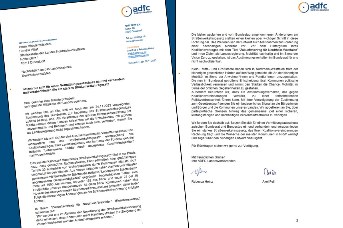ADFC NRW kritisiert Scheitern des Straßenverkehrsgesetzes.
Das nicht beschlossene StVG ist ein Rückschlag für die Städte in NRW.
Offener Brief der Landesvorsitzenden an <a href="/landnrw/">Staatskanzlei NRW</a>:
nrw.adfc.de/pressemitteilu…

Dazu Aktuelle Stunde im Landtag am 1.12., 10 Uhr:

landtag.nrw.de/home/mediathek…