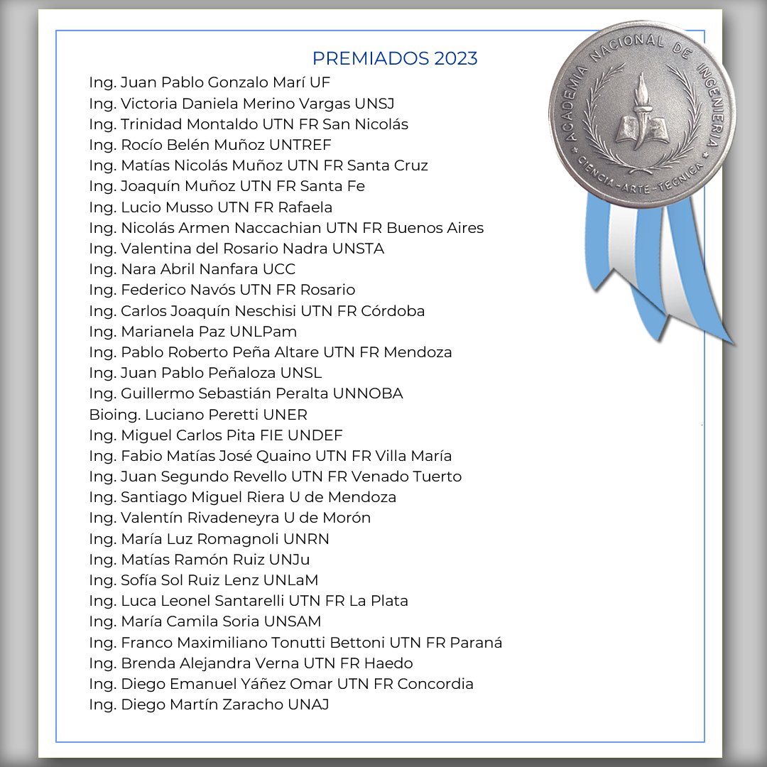 Tenemos el agrado de invitar a la entrega de los premios Ing. Isidoro Marín -  A Egresados sobresalientes de Carreras de Ingeniería, que se realizará el viernes 1° de diciembre a las 18 horas en el Aula Magna de la Academia Nacional de Medicina, Av. Las Heras 3092, CABA.