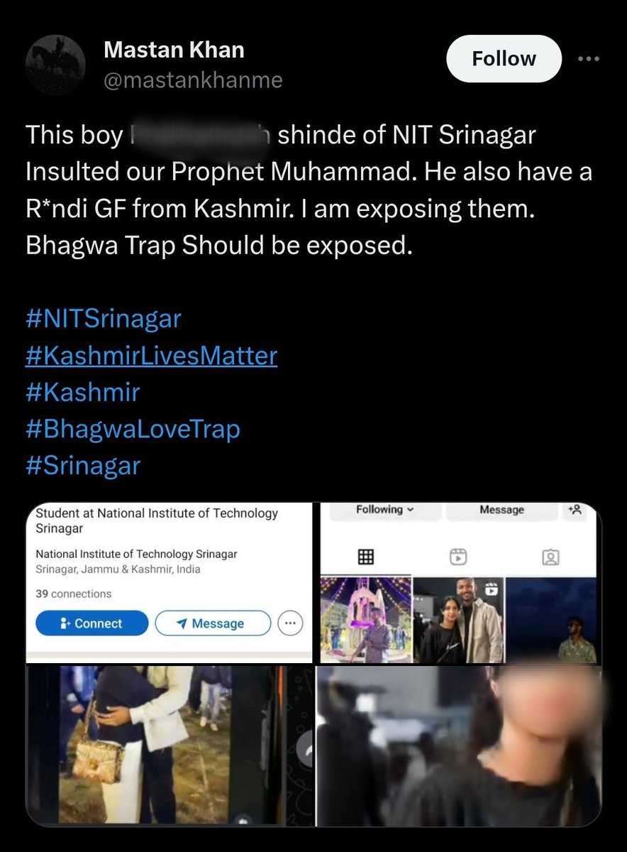 AshwiniSahaya's tweet photo. Jihadists are screaming life threatening "Sar Tan Se Juda" slogan & "Nara -e- Taqbeer" Islamic war cry against a Hindu student at NIT Srinagar

(Notably, the same slogans was heard during 90s Hindu Genocide in Kashmir Valley)

The Hindu student's only mistake was that his female friend was a Muslim, leading these jihadists to falsely accuse him of blasphemy.

Now, Jihadists are sharing personal details of both and issuing life threats to the boy, along with abuse & rape threats to the Muslim girl as well !

(Join me on Telegram 👇 as well for the news updates. https://t.co/quAcafbZD8 )