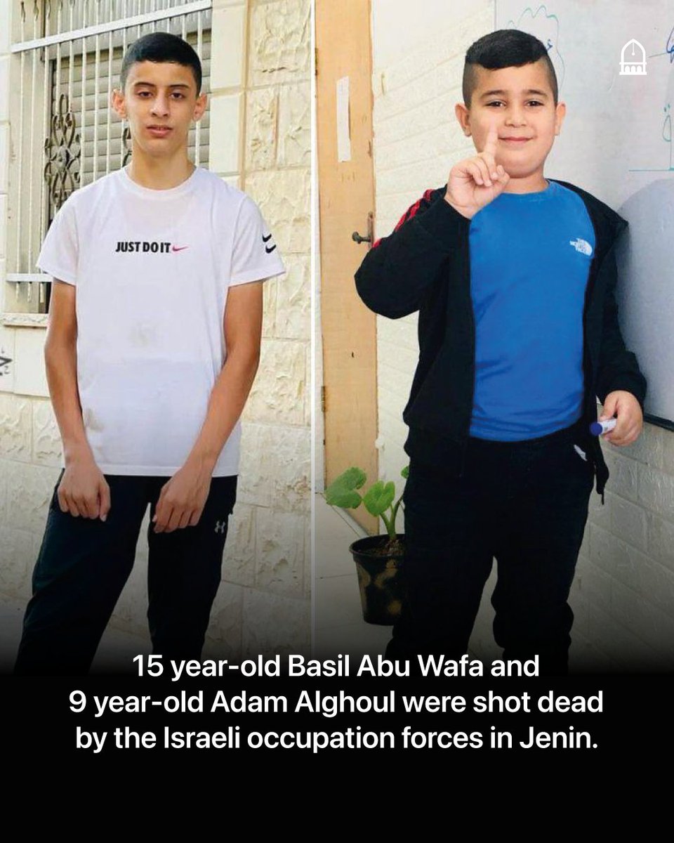 Alhamdhulillaah's tweet photo. Two boys were shot by Israeli occupation snipers in Jenin today.

15 year-old Basil Abu Wafa and 9 year-old Adam Alghoul. https://t.co/LCdju6ldUH