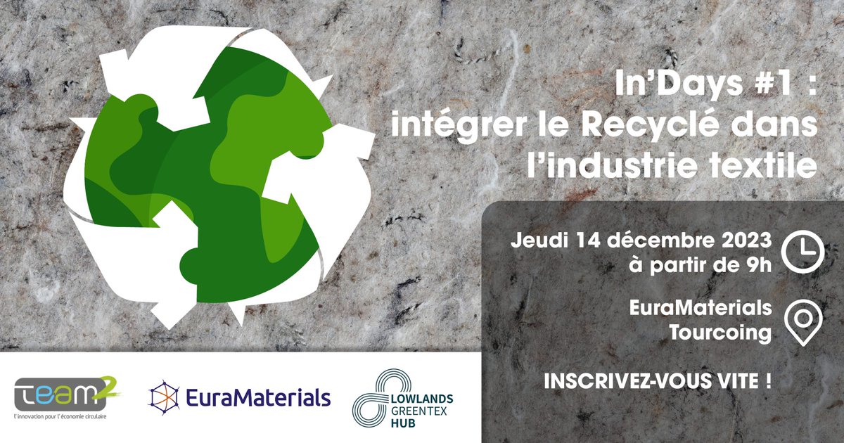 In'days <a href="/EuraMaterials/">EuraMaterials</a>🌟
Participez à la première édition le 14/12 à 9h chez EuraMaterials.
Co-organisée avec <a href="/TEAM2/">team2</a>, cette journée mettra en lumière l'intégration des matériaux recyclés dans l'industrie textile.
Inscrivez-vous 👉 swll.to/Dyx9FC
#Innovation #Industrie