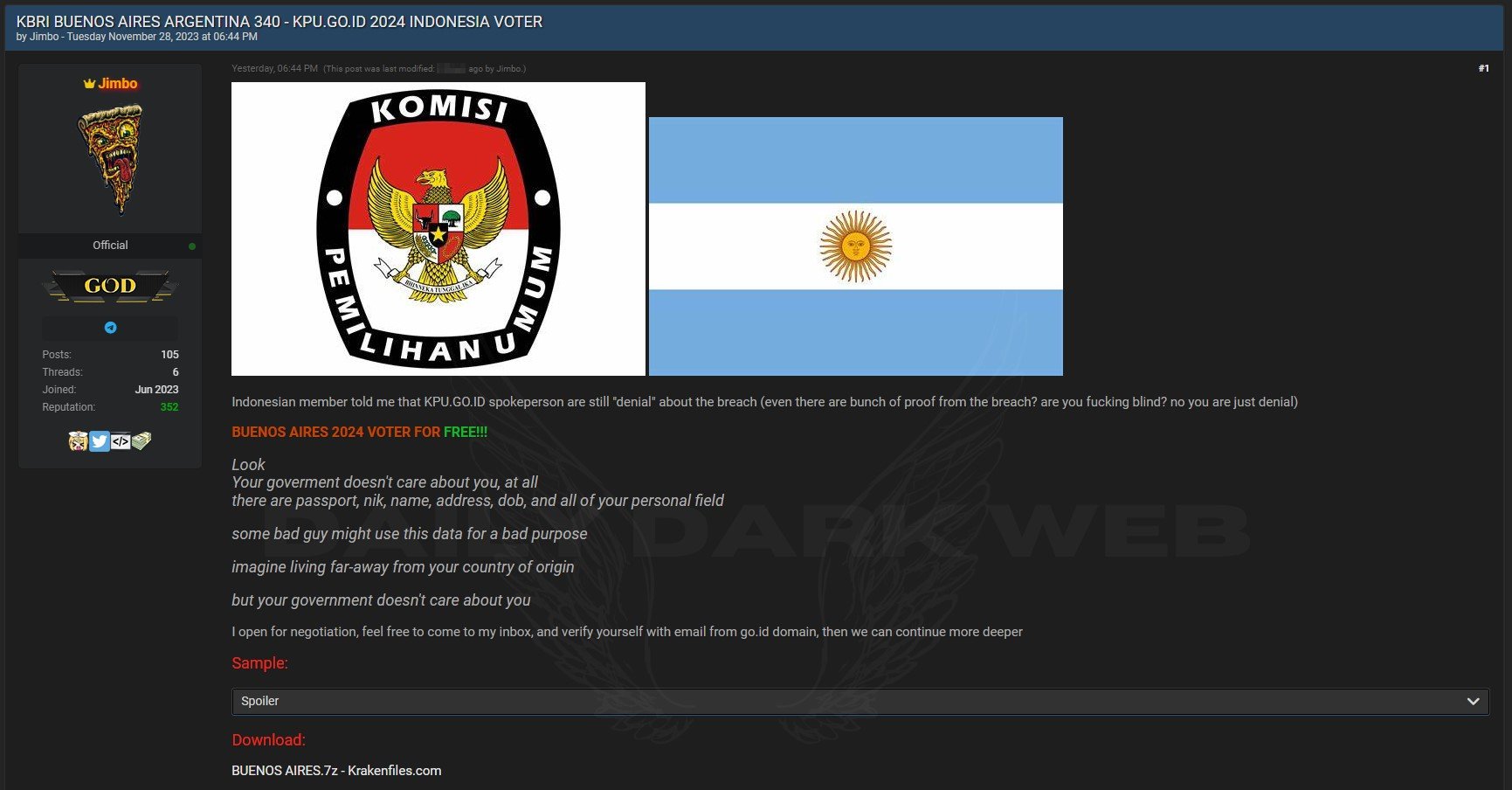 Dark Web Intelligence on X: Indonesia 🇮🇩 - Database of the Embassy of  the Republic of Indonesia in Buenos Aires (KBRI Buenos Aires) has been  leaked Threat actor claims to have leaked