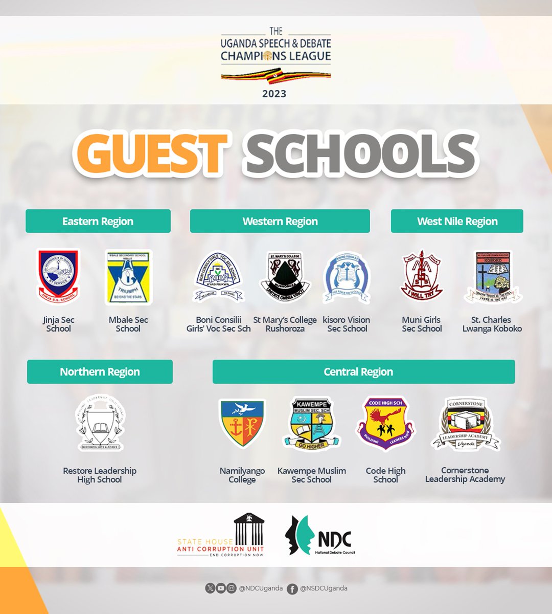 Here are the Guest Schools that successfully met the requirements to compete at #USDCL23 Criteria: Debate profile Participation at #NSDC22_23 Regional consideration Previous record of performance at #NSDC. #ExposeTheCorrupt | @edthnaka #UnitedAgainstCorruption | @AntiGraft_SH