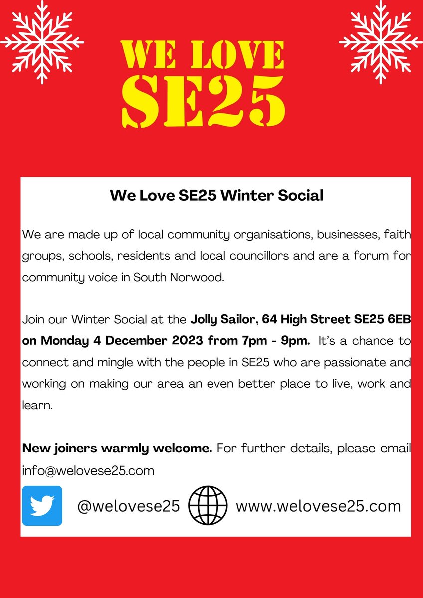Join our winter social on Monday 4th December at the Jolly Sailor South Norwood 7pm-9pm

We'd love to have you there