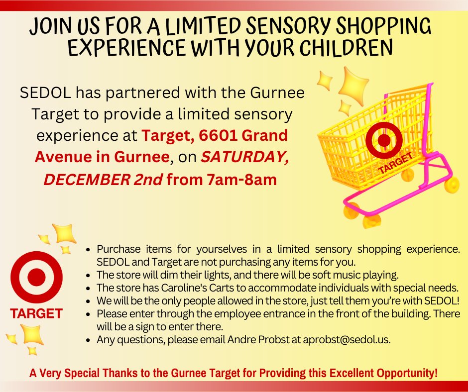 Please join us on December 2 at 7 a.m. for a limited sensory shopping experience at the Target in Gurnee!