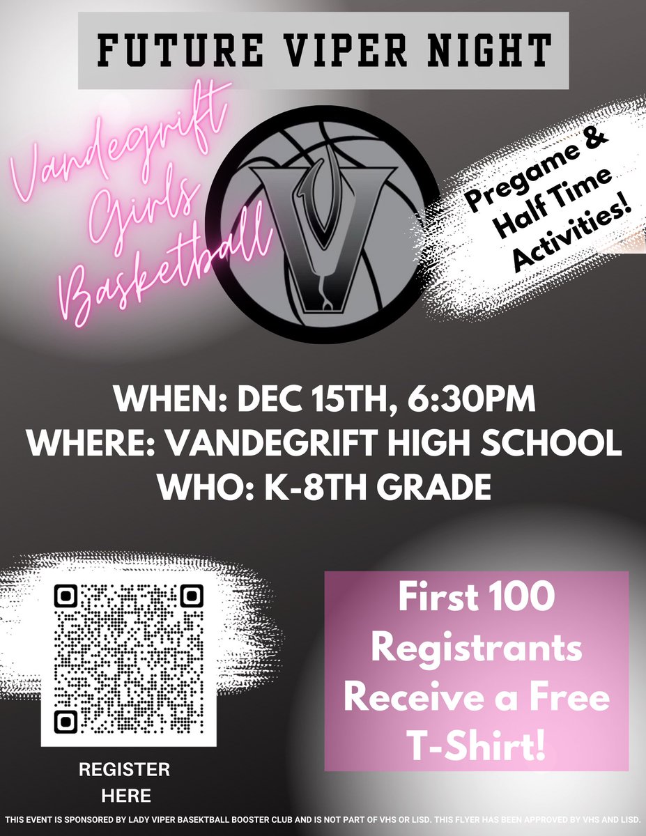 VandegriftGBB's tweet photo. 🚨 CALLING ALL FUTURE VIPERS! 🚨

Join us on Dec 15th for Future Viper Night! First 100 registrants get a free t-shirt! 🤩🐍🏀

Upgrade to be a Viper Buddy &amp; be paired with one of our athletes, get VIP seating, a custom throw ball, and more! https://t.co/jFXYN9029C