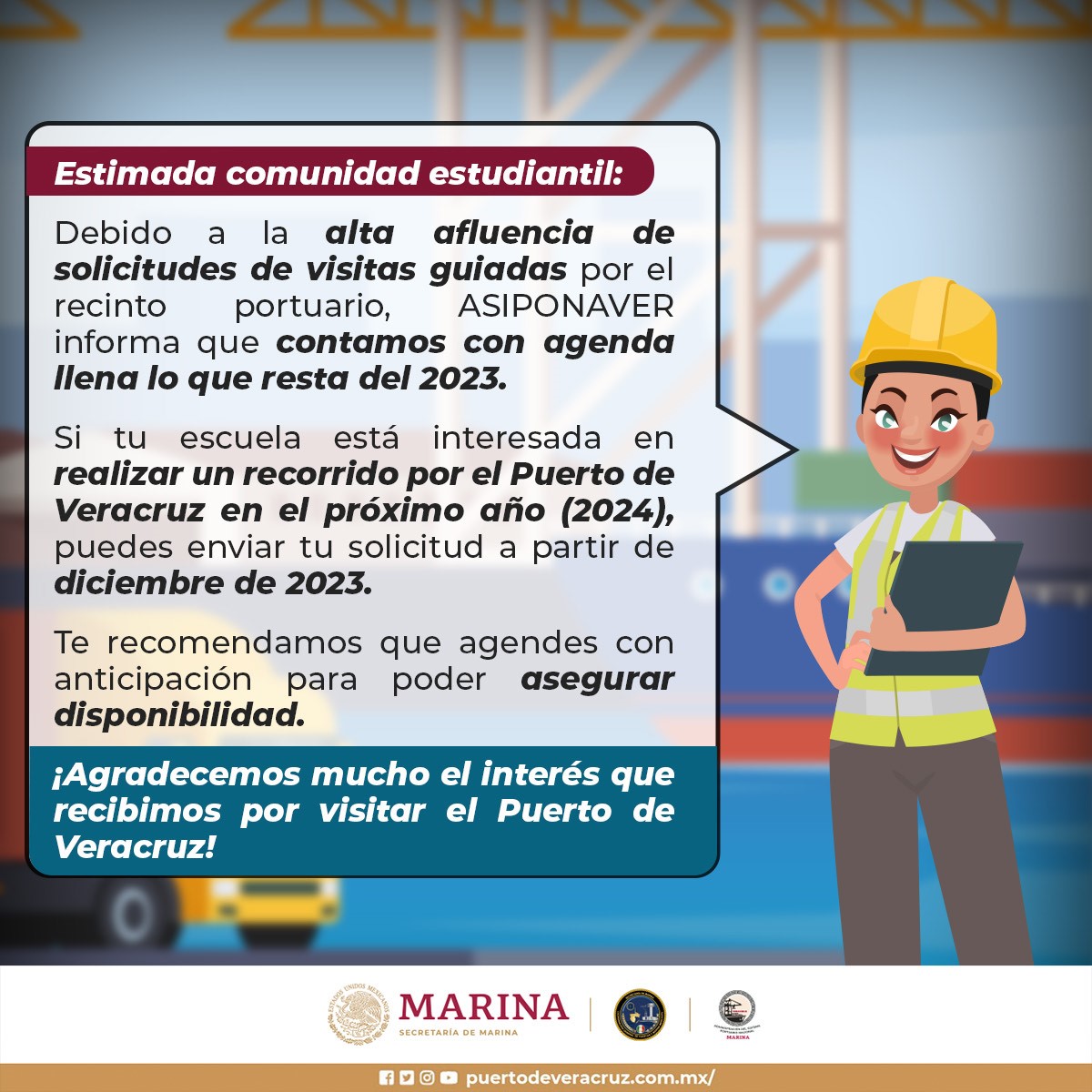 ASIPONAVER's tweet photo. Estimada comunidad estudiantil:

Te recordamos que nos encontramos con agenda llena para visitas guiadas en este 2023, en este post te contamos cómo puedes agendar una visita para el 2024.
#ASIPONAVer #VisitasGuiadas https://t.co/QS2QAvy7Jw