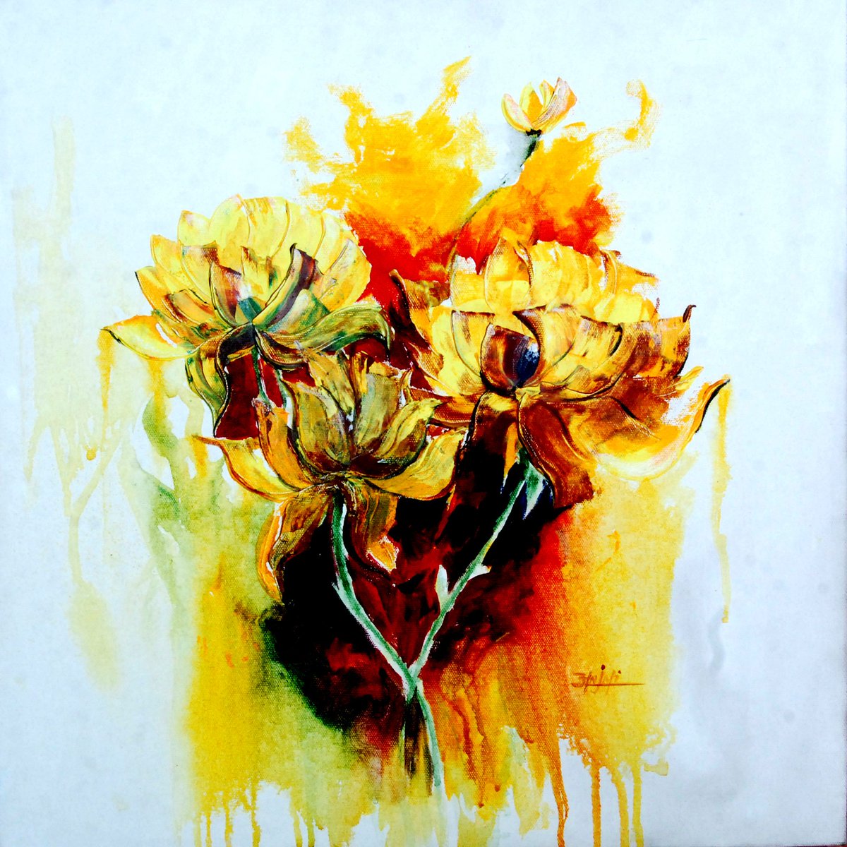 A contemporary painting of lotus flowers bursts with vibrant hues, showcasing their beauty through bold and lively colors, creating a captivating and reflecting modern art's fusion of tradition and innovation.
#anjaliaaroma.com
#lotus
#NatureBeauty 
#Flowers
#contemporaryart