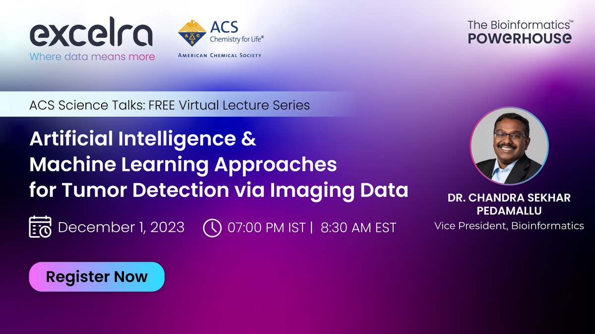 excelra's tweet image. 🚀 Tomorrow, join us for an insightful session of #ACSScienceTalks with Dr. Chandra Sekhar Pedamallu, Vice President- #Bioinformatics at Excelra.

📚 Topic: #AI/ML Approaches for #Tumor #Detection via #imaging 
🕖 Time: 07:00 pm IST | 8:30 am EST
lnkd.in/gHnTh3dq