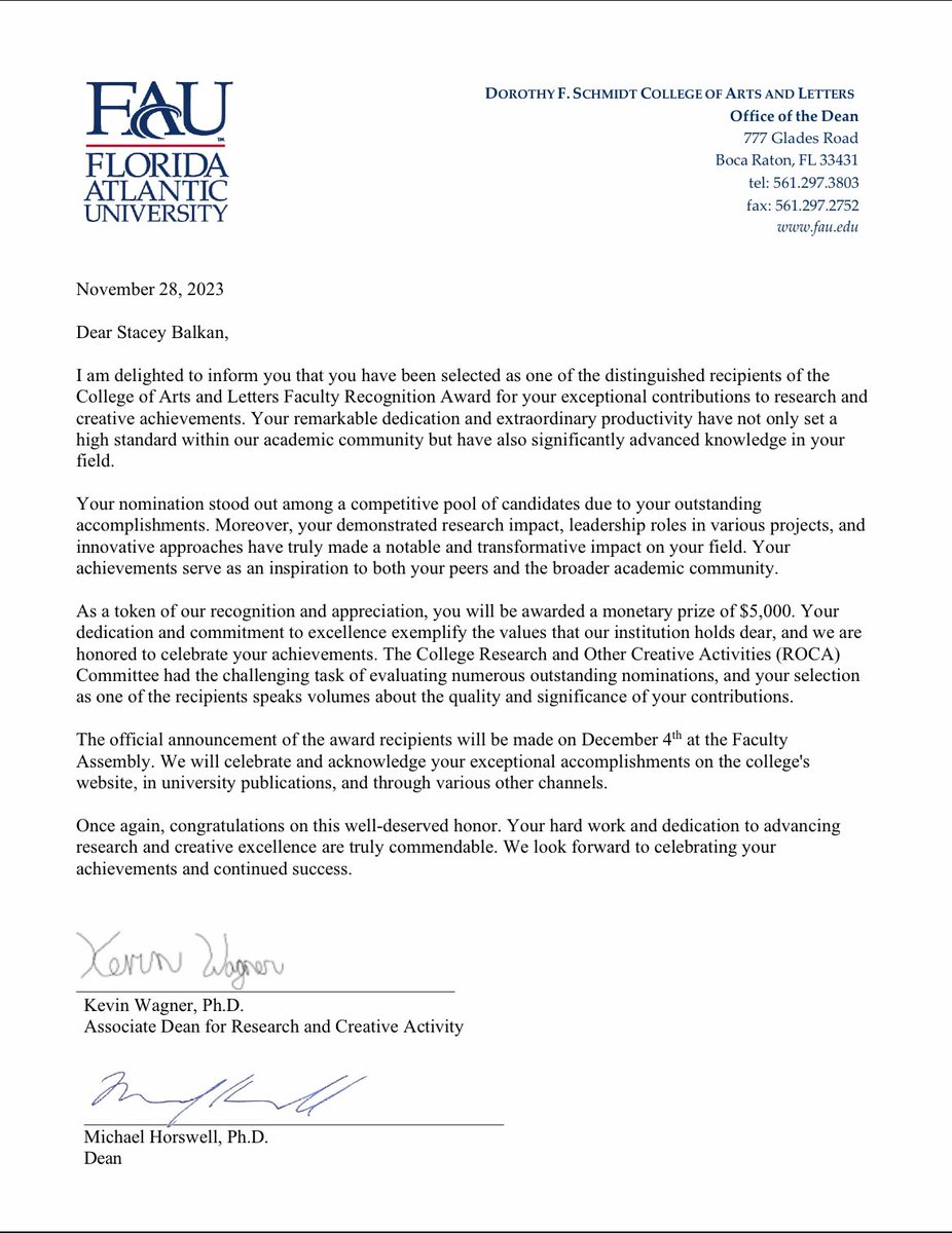 sbalkan5's tweet photo. Extraordinarily proud and humbled to receive the College of Arts and Letters Faculty Recognition Award. I am also profoundly grateful for the community who made this possible. โค๏ธ๐ฆโค๏ธ๐ฆ#fau #proudowl #energyhumanities #petrocultures https://t.co/m38nryDbQ8