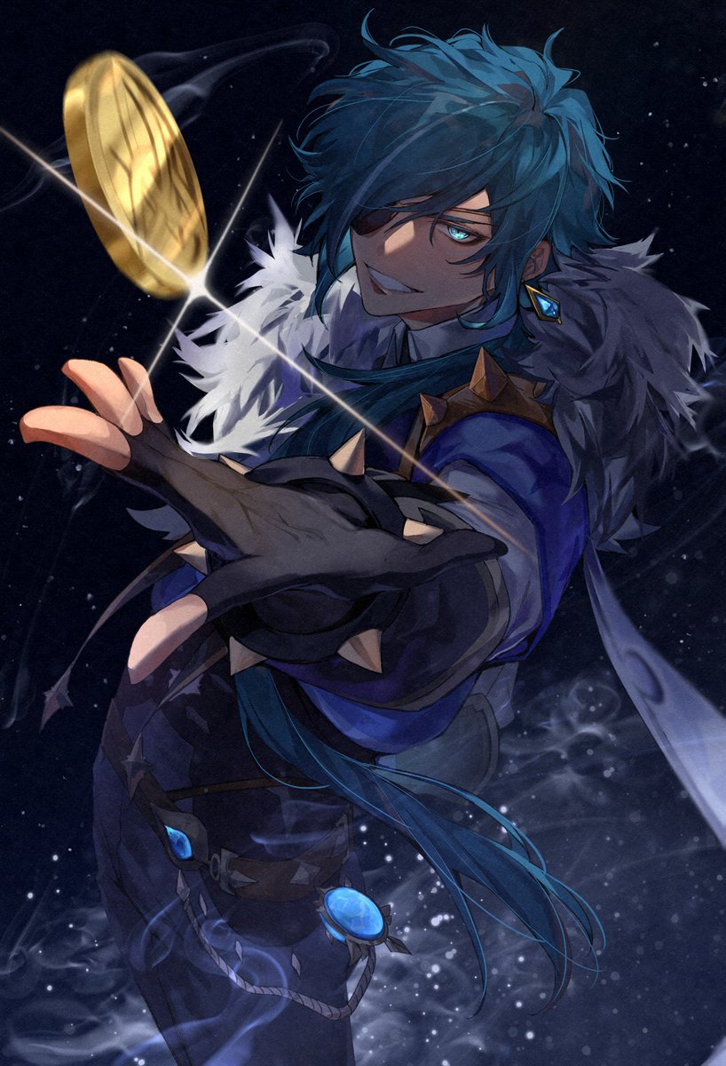 kaeya (genshin impact) eyepatch 1boy male focus solo gloves blue hair long hair  illustration images