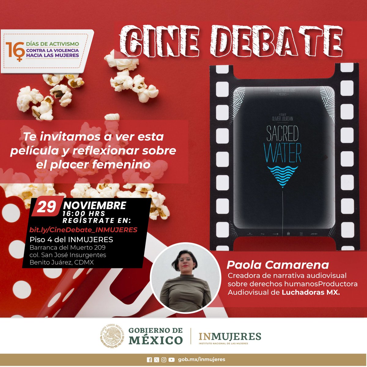 ¡Hoy hay #CineDebate! Esta tarde vamos a estar comentando el documental 'Agua Sagrada', de Olivier Jourdain. Gracias, @inmujeres por la invitación.🔥 #16DiasDeActivismo