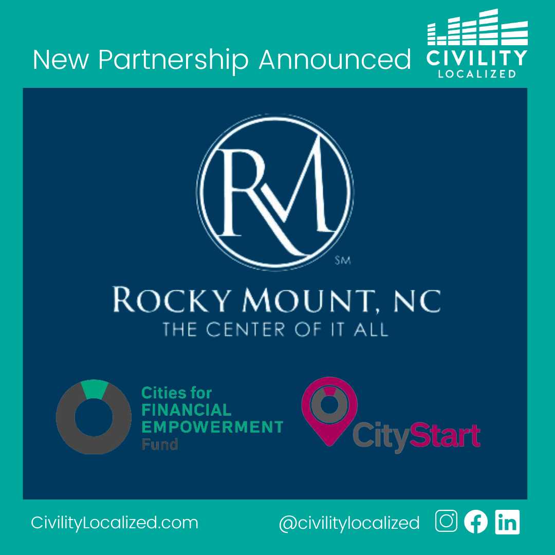 civilityco's tweet photo. New Partnership Announcement: @Civilityco will partner with @CFEfund and the @cityofrockymtnc to engage residents around #financialempowerment in Rocky Mount, North Carolina. Stay tuned for ways to get involved. #equitablecities #growwithdignity #engagedifferent https://t.co/n7AMSWkXst