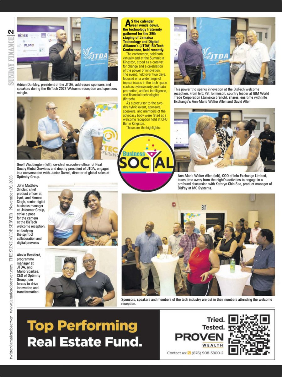 thejtda's tweet photo. All smiles at the BizTech 2023 Welcome Reception at Cru Bar and Kitchen, Kingston Jamaica.
#JTDA #BizTech2023 #TechFusion #Strategy #Innovation #Business https://t.co/YTzqhSwaeU