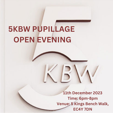 5KBW's tweet image. 5KBW warmly invite those seeking a career at the Criminal Bar to our pupillage open evening on 11th December 2023 at 6pm.  Please note this is an in-person event and to register your interest, please email nicki@5kbw.co.uk.