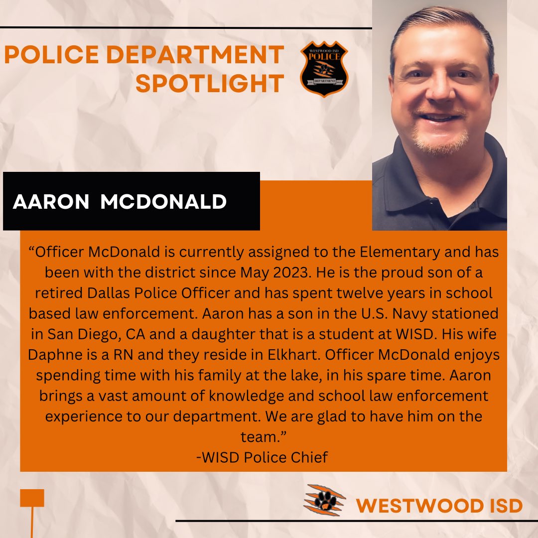 WestwoodISD's tweet photo. #wwway #wisd #spotlight #policeofficer #keepingstudentssafe https://t.co/kZV7XOTeIk