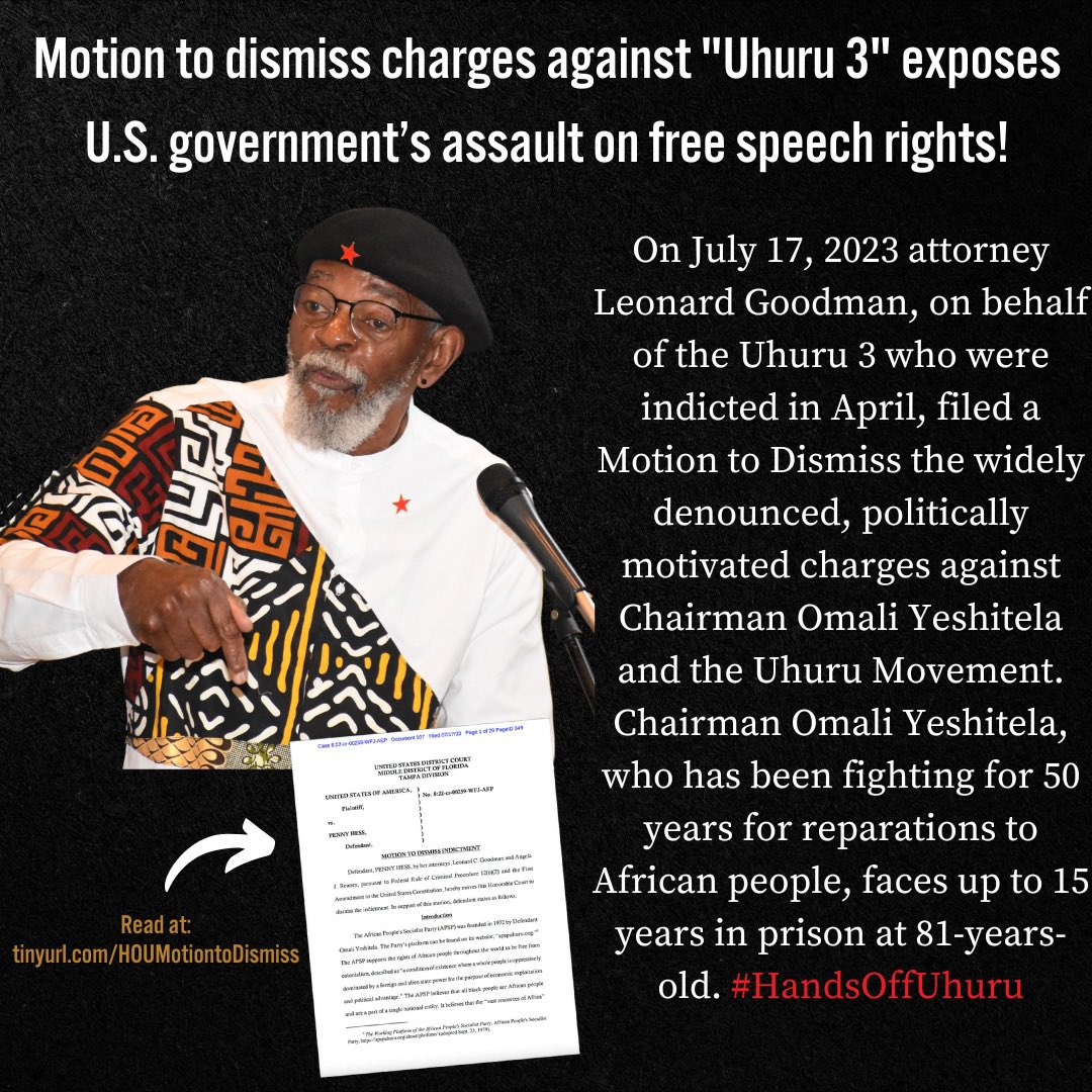 The Uhuru Movement claims our right to build international solidarity and African unity: a brief timeline!

Read the ‘Motion to Dismiss charges against the Uhuru-3!’: handsoffuhuru.org/motion-to-dism…

#HandsOffUhuru #HandsOffAfrica #OmaliYeshitela #ChairmanOmaliYeshitela #TheUhuruMovement