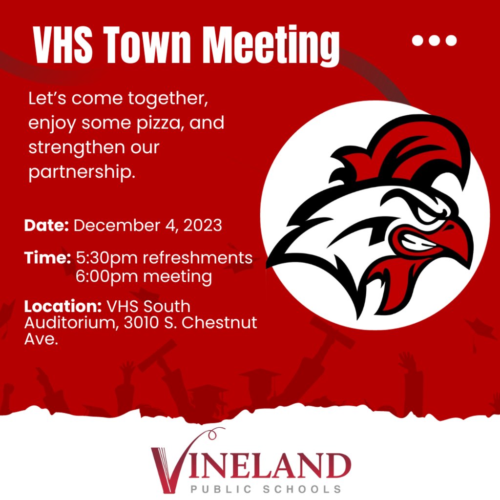 VHS Families:

Please join us for a VHS Community Conversations/Superintendents Townhall Meeting in the VHS South theater on Monday, December 4, 2023. Let’s come together, enjoy some pizza, and strengthen our partnership.

Please RSVP by Dec. 3: bit.ly/40fW1mG