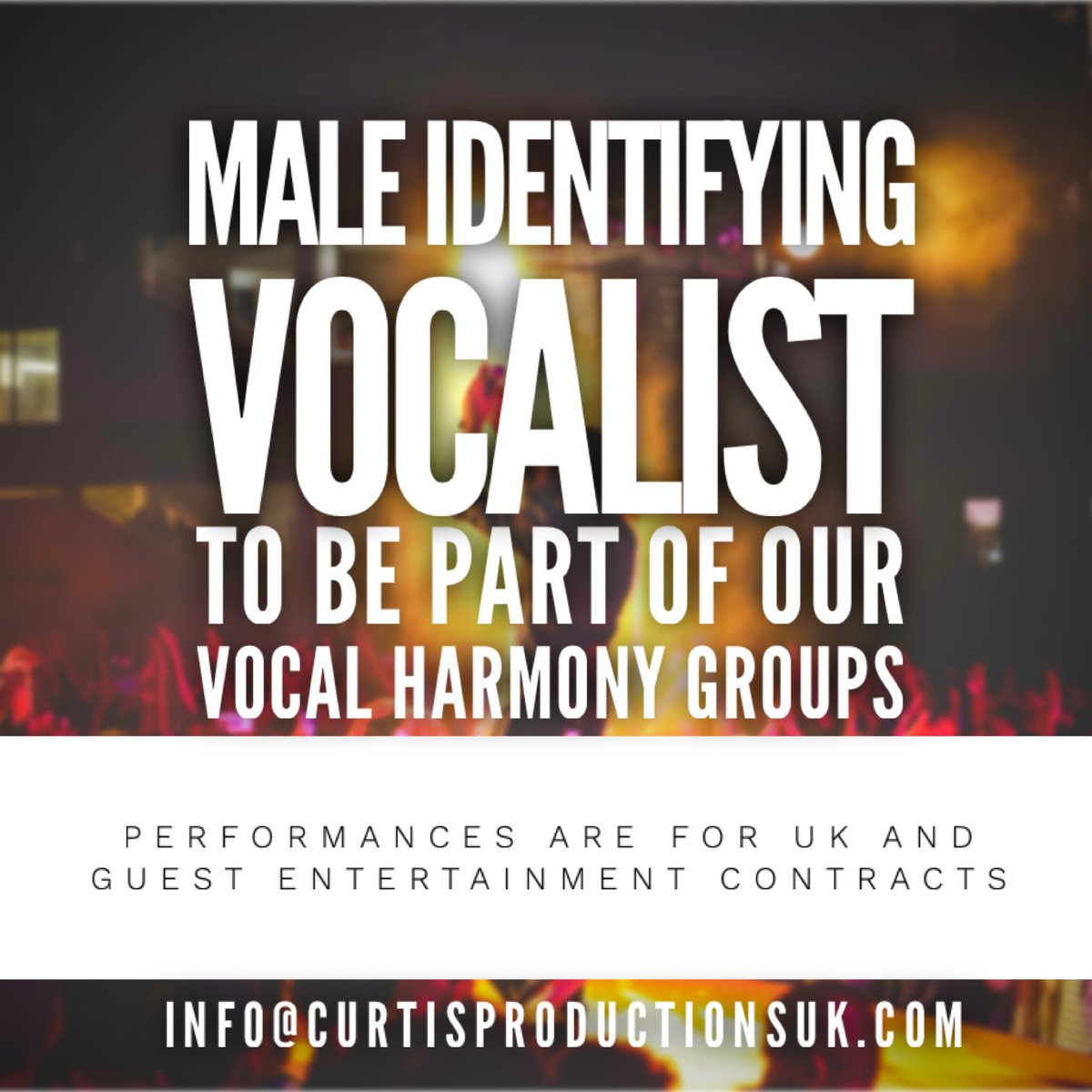 Due to a busy 2024 schedule….

We are casting for an outstanding male identifying vocalist to be part of our vocal harmony groups. 

Check out our Facebook and Socials for more details