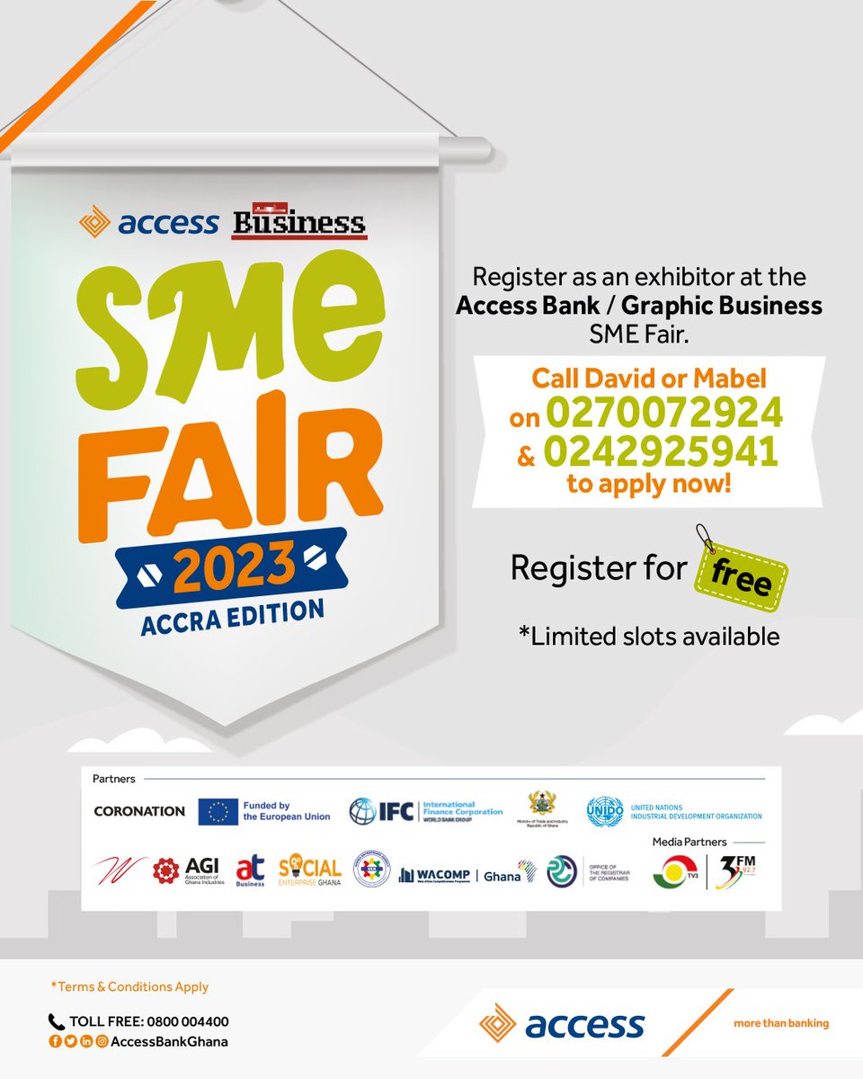 AccessBankGhana's tweet photo. Mark your calendars for the 3rd edition of the Access Bank SME Fair.
Venue: AMA Garden, Accra Central
Date: 7th and 8th December, 2023.
Time: 11:00 am - 5:00 pm.
Come with your family and friends for a day filled with unbeatable shopping discounts.
#SMEFair
#WeLoveSMEs
#MoreThanBanking
#AccessBankGhana