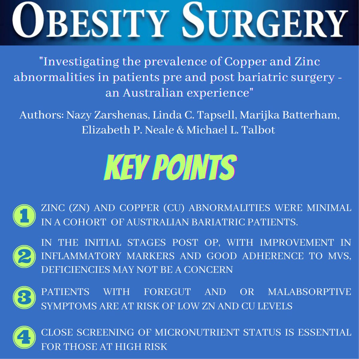 IfsoSecretariat's tweet photo. BEST PAPERS OBSU NOVEMBER ISSUE
"Investigating the Prevalence of Copper and Zinc Abnormalities in Patients Pre and Post bariatric Surgery—an Australian Experience"

DOI: https://t.co/4zhoO4DstP
FREE DOWNLOAD: https://t.co/76LeKAymcp https://t.co/T8EyifCxR0