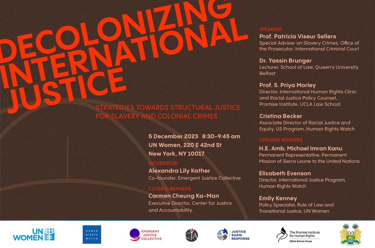 Join us on Tuesday 12/5 at #ASP22 to discuss strategies for 

Decolonizing International Justice

All-star panel: Patricia Sellers + @YBrunger
+ @PriyaMorley + @hrw's Cristina Becker

Please register by 12/4: bit.ly/47QIggT

#NGOVoices