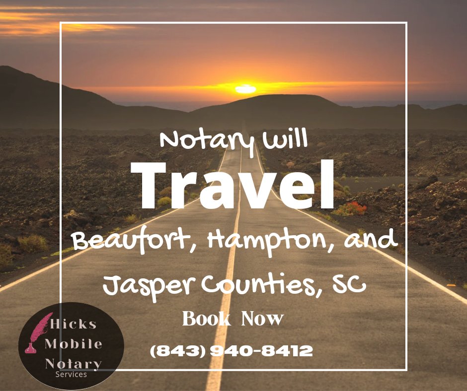 "We do the traveling, so you don't have to."
Hicks Mobile Notary Services
📞(843) 940-8412
📧Info@hicksnotaryservices.com 
hicksnotaryservices.com

#SCnotary #mobilenotary #travelingnotary #BeaufortCountySC #HamptonCountySC #JasperCountySC