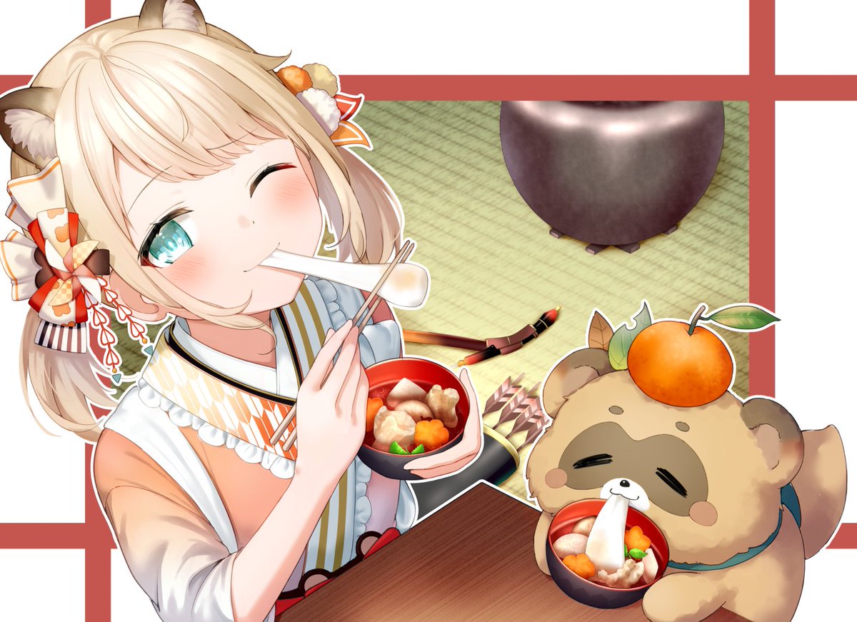 kazama iroha 1girl food animal ears tanuki one eye closed blonde hair japanese clothes  illustration images