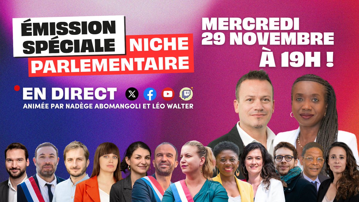 🔴🔥 Rendez-vous ce soir pour une émission exceptionnelle spéciale niche parlementaire animée par Nadège <a href="/Abomangoli/">Nadège Abomangoli 🐢</a> et <a href="/LeoWalter04/">Léo Walter</a> !

Nos député·es présenteront toutes nos propositions qui seront débattues ce jeudi 30 novembre à l'Assemblée !

#LoisFI2023