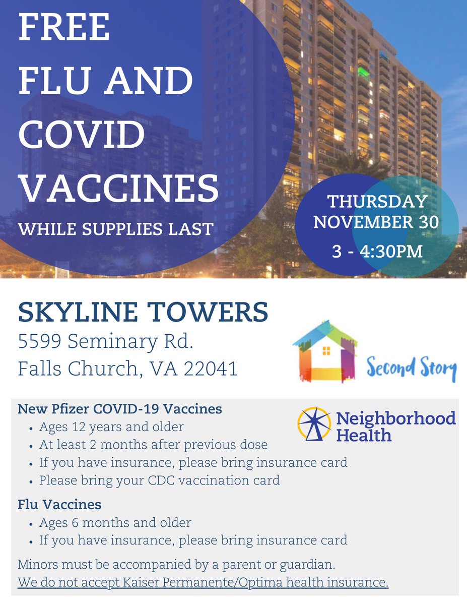 ECNVorg's tweet image. Neighborhood Health will be providing FREE flu and COVID vaccines on Thursday, November 30, 2023 at Skyline Towers (5599 Seminary Rd, Falls Church, VA 22041) from 3:00pm - 4:30 pm while supplies last. #FightFlu #FightCOVID #FallsChurchVA