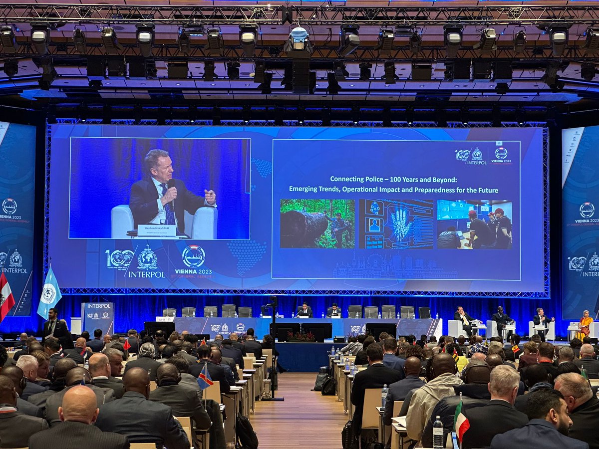 SKavanaghLyon's tweet image. The Centenary #INTERPOLGA in Vienna is bringing global law enforcement together to build a safer world for us all. Delighted to speak to delegates about future preparedness. We must stand united to protect our citizens, countries and even our planet from new harms. #INTERPOL100