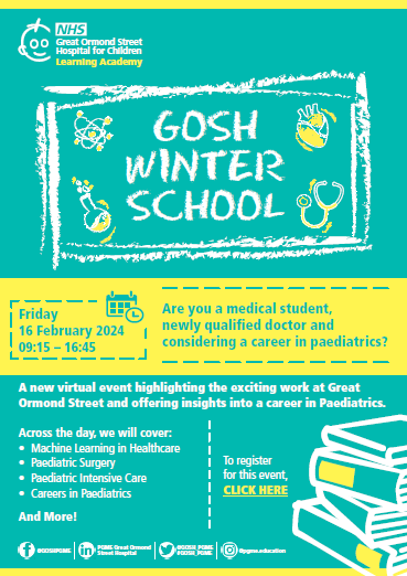 Register here for GOSH Winter School February 2024!
courses.gosh.org/event/WinterSc…

GWS is targeted at medical students, newly qualified doctors and those considering a career in paediatrics.

For more information email pgme.education@gosh.nhs.uk