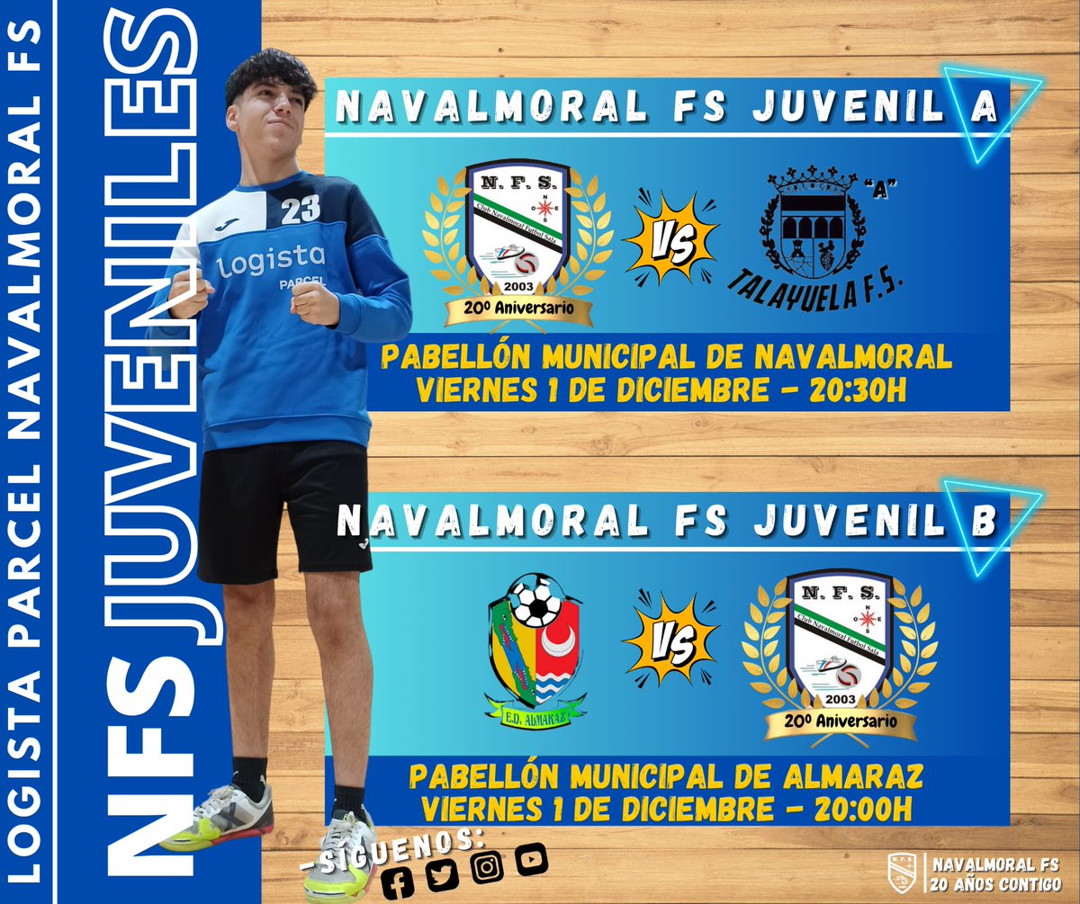 💙🧔‍♂️ SENIOR:

✈️ Sábado, 19:45 / 11ªJ. 3ª Div.:
<a href="/Arroyo_Fs/">A.D Arroyo Futbol Sala</a> - <a href="/NavalmoralFS/">Navalmoral FS</a>.

💙👦 JUVENILES:

🏠 Viernes, 20:30 / 7ªJ. 1ª Extr.:
<a href="/NFSCantera/">NavalmoralFS Cantera</a> A - <a href="/talayuelafs/">Buhersa Talayuela FS</a> A.

✈️ Viernes, 20:00 / 7ªJ. 1ª Extr.:
<a href="/RocamadorAFS/">Rocamador AFS</a> A - <a href="/NFSCantera/">NavalmoralFS Cantera</a> B.

#20Aniversario